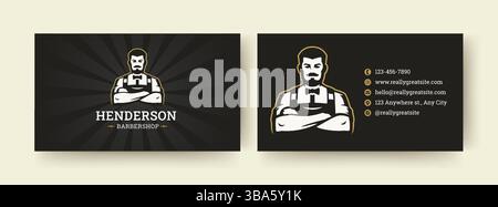 Modèle de carte de visite élégant et vintage avec un logo de barbier audacieux et des informations de contact claires pour un barbier professionnel. Illustration vectorielle Illustration de Vecteur