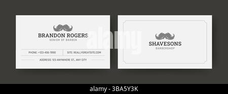 Modèle minimaliste de carte de visite de coiffeur avec un logo moustache élégant, les coordonnées et la mise en page propre. Parfait pour les particuliers ou les entreprises Illustration de Vecteur