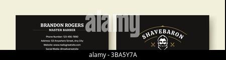 Design moderne de carte de visite de barbier noir et or avec un logo élégant avec une illustration de barbier vintage, les coordonnées et les heures d'ouverture. PE Illustration de Vecteur
