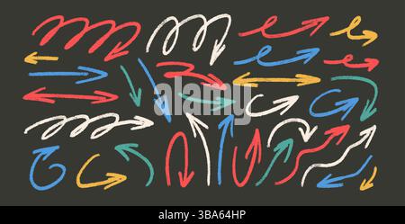Flèches dessinées à la main. Pointeurs fins crayon droits et courbés ensemble d'éléments griffonner. Flèche à main levée par marqueurs. Illustration vectorielle tourne au crayon. G Illustration de Vecteur