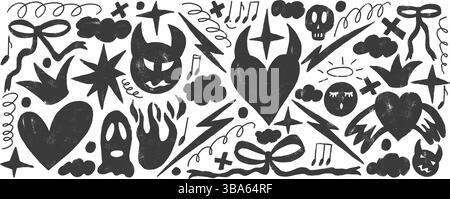 Ensemble de doodles au charbon de bois punk Breaking Heart. Diable et anges pochoir noir crayon fond texturé. Eléments grunge de gribouillage. Coeurs, arcs et croquis Illustration de Vecteur