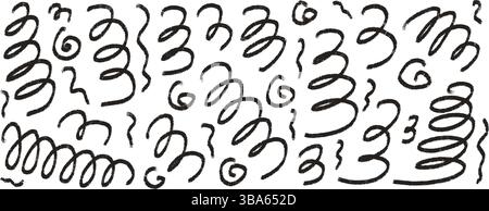 Fusain gribouillant des formes ondulées. Ensemble de confettis dessinés à la main. Collection de lignes de pinceau de grunge grunge noir et blanc Strokes. Courbe et tourbillons Illustration de Vecteur