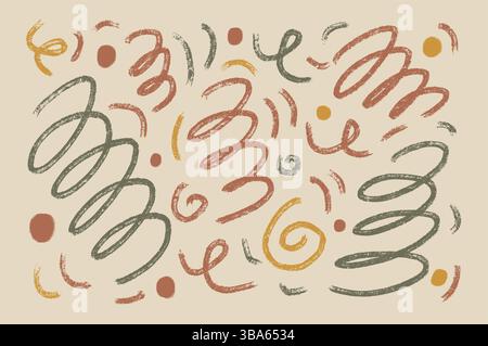 Crayon terre neutre colore les lignes d'onde et les cercles. Ensemble d'art intérieur mural japandi dessiné à la main. Collection de coups de pinceau et de points de grunge vectoriels. Tordu Illustration de Vecteur