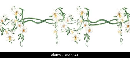 Fleurs d'orchidée et liane tropicale avec des feuilles vertes illustration aquarelle isolée. Bordure sans couture de plante grimpante florissante pour la conception de la jungle Banque D'Images