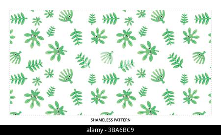 Cute Green Leaf avec visage Seamless Pattern pour des designs fantaisistes de textile nature Illustration de Vecteur