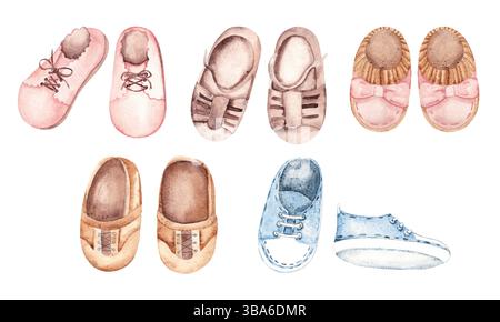 Baby Shoes Set for Boy and Girl. Hand drawn watercolor illustration of Booties, summer Sandals, Moccasins and Sneakers for Kids isolated on a white Banque D'Images