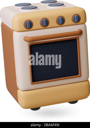 Icône poêle 3D. Appareil électrique de cuisine pour la cuisson et la cuisson au four. Four isolé, rendu de style plastique réaliste. Elément vectoriel pour appareils ménagers Illustration de Vecteur