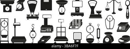 Icônes d'échelle noire. Échelle de type différent pour peser des produits et des marchandises. Accessoire pour le contrôle et la perte de poids, instruments de mesure vecteur néotérique Illustration de Vecteur