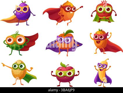 Fruits super-héros. Pastèque pomme banane citron porter des capes rouges et des masques de héros. Dessin animé fruit frais dans les poses d'action, l'énergie de nos jours personnages vectoriels Illustration de Vecteur