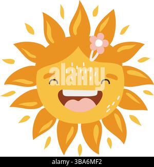 Personnage de dessin animé de soleil mignon, vecteur de soleil heureux, soleil d'été avec des yeux, vecteur isolé de soleil, illustration de bébé mignon. Illustration de Vecteur