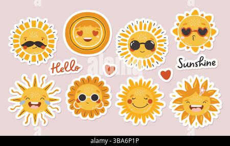 Collection de coucher de soleil mignon, vecteur de soleil heureux, set de soleil d'été. Cartes, invitation, affiches, autocollants ensemble Illustration de Vecteur