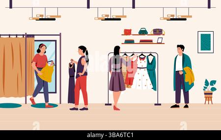 Les clients magasinant et essayant des vêtements dans la boutique de mode, parcourant des robes et des accessoires. Expérience des consommateurs de vêtements au détail. Style cartoon plat Illustration de Vecteur