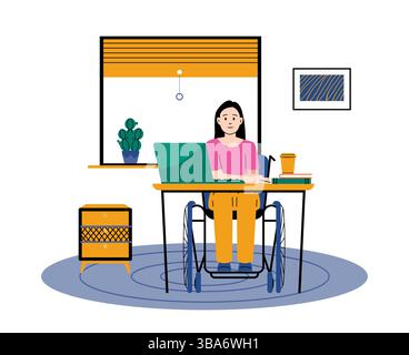Femme en fauteuil roulant travaillant au bureau à domicile avec ordinateur portable. Professionnel indépendant, style de vie moderne inclusif. Thème de l'autonomisation des personnes handicapées par l'accessibilité Illustration de Vecteur