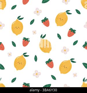 Motif de fruits, fruits mignons avec visage, motif enfants, motif sans couture d'été, citron Illustration de Vecteur