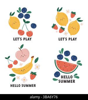 Doodle fruits set illustration, composition de fruits kawaii, ensemble Clipart, fruits, clipart d'été Illustration de Vecteur
