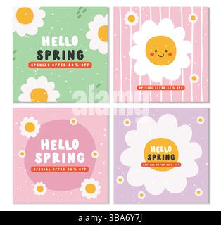 Carte de voeux de printemps, affiches avec des fleurs mignonnes de printemps, cartes de vente, vecteur de dessin animé, lot de 4 Illustration de Vecteur