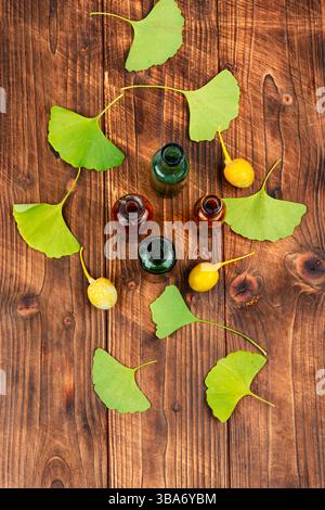 Extrait du ginkgo avec des feuilles et des noix jaunes. Graine de Ginkgo biloba Banque D'Images