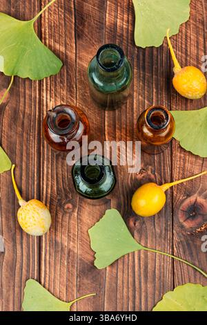 Extrait du ginkgo avec des feuilles et des noix jaunes. Concept de phytothérapie naturelle. Arbre Ginkgo avec noix Ginkgo mûres, nature, automne, arbre, feuillage Banque D'Images