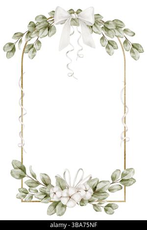 Illustration aquarelle de gabarit vertical pour cadre avec feuilles d'eucalyptus, fleurs de coton et rubans blancs. Dessin botanique pour les douches de bébé et les invitations de mariage. Fond floral. Banque D'Images