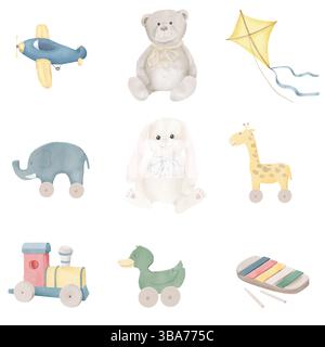 Un lapin en peluche, des jouets en bois sur roues et un ours en peluche. Illustration aquarelle. Un ensemble de jouets, un train à vapeur, un cerf-volant et un xylophone, isolés sur un wh Banque D'Images
