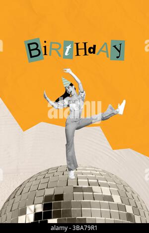 Collage de personne surprise joyeuse avec fond de boule disco et lettres de célébration de fête d'anniversaire cadeaux fleurs cadeaux Banque D'Images