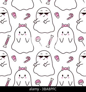 Motif sans couture fantôme mignon avec bonbons doux et caractère souriant sur fond blanc. Design amusant et ludique parfait pour les vacances d'Halloween, les enfants Illustration de Vecteur