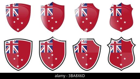 Drapeau vertical de plumeau rouge néo-zélandais (enseigne civile) en forme de bouclier, quatre versions 3D et icônes simples Banque D'Images