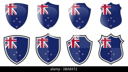 Drapeau vertical de Nouvelle-Zélande en forme de bouclier, quatre versions 3d et simples. Icône / signe Zealander Banque D'Images