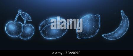 Illustration vectorielle polygonale cerisier, prune, citron et banane isolée sur fond bleu foncé. Conception en polyéthylène basse teneur en fruits. Machine à sous fruit concept art Banque D'Images