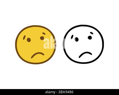 Trauriges Gesicht Emoticon im Doodle-Stil isoliert auf weissem Hintergrund Banque D'Images