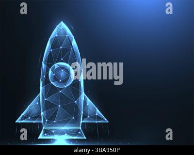 Conception en poly bas fusée. Illustrations vectorielles polygonales de lancement de la navette spatiale sur fond bleu Banque D'Images