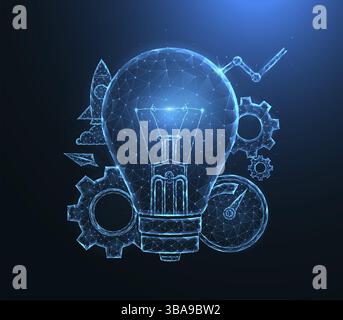 Ampoule basse poly Idée d'ampoule, engrenages, compteur de vitesse, fusée et illustrations vectorielles polygonales analytiques sur fond bleu Banque D'Images