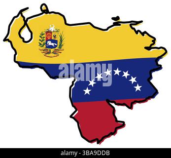 Carte simplifiée - contour de la République bolivarienne du Venezuela, avec un drapeau légèrement courbé sous elle Banque D'Images