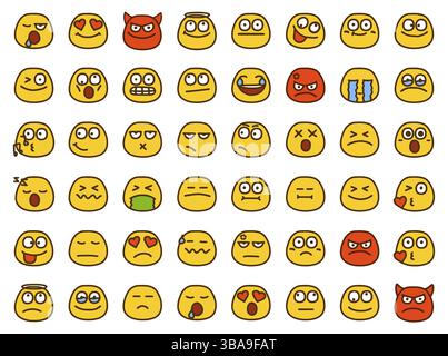 Ensemble von Emoticons zeigt verschiedene Emotionen im Cartoon-Stil isoliert auf weissem Hintergrund Banque D'Images