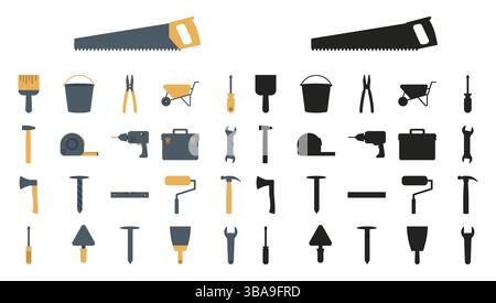 Un ensemble d'outils de construction dans un style plat et des silhouettes. Illustration vectorielle de marteau, perceuse, pince, clé et boîte à outils Banque D'Images