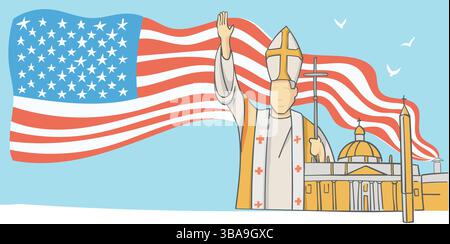 Le nouveau pape salue son élection avec une fumée blanche avec drapeau américain. Illustration vectorielle horizontale. Illustration de Vecteur