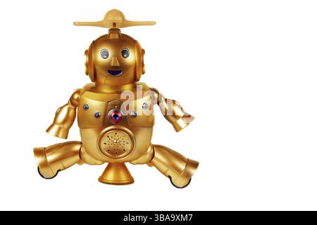 Robot jouet doré isolé sur fond blanc. Cher robot vintage. Robotique Banque D'Images