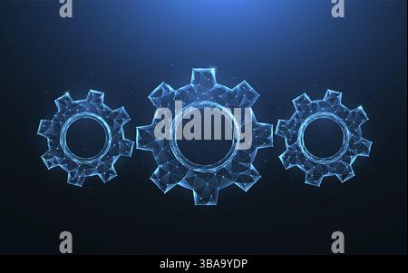 Roues dentées ou dentées basses Illustrations vectorielles polygonales de mécanisme sur fond bleu Banque D'Images
