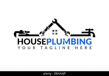 Conception de logo de plomberie de maison, logo de construction de canalisation d'eau, logo d'entrepreneur plombier, logo de maison de plomberie, clé bleue de ligne d'eau fixe résoudre la plomberie Illustration de Vecteur