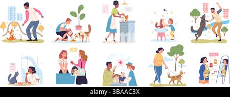 Propriétaires de soins pour animaux. Heureux propriétaire aime les animaux de compagnie de chat de chien, animal domestique soin vétérinaire clinique canine alimentation amicale de café de jeu de promenade de nettoyer après avoir pooping Classy illustration vectorielle illustration originale Illustration de Vecteur