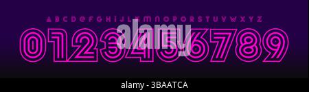 Alphabet rétro néon, lettres et chiffres superposés à contour gras, alphabet de club rayé, police de logo synthwave, titre de la vie nocturne, événement musical brillant Illustration de Vecteur