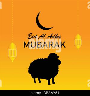 Eid Al Adha Moubarak salutation avec Silhouette moutons et lanternes suspendues sur fond orange Illustration de Vecteur