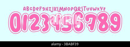Alphabet à bulles ludique, police de dessin animé mignonne, lettres roses arrondies audacieuses, style de bonbons doux, conception de logo pour enfants, ensemble de numéros girly doux, thème kawaii Illustration de Vecteur