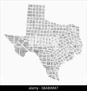 Comté de style textuel Texas. La région d'état nomme les nuages de mots en langue anglaise. Belle illustration vectorielle. Illustration de Vecteur