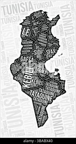 Les régions tunisiennes cartographient le nuage de mots. Noms des régions de Tunisie. Conception de carte en noir et blanc. Illustration vectorielle artistique. Illustration de Vecteur