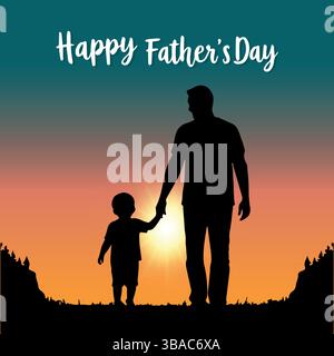 Joyeuse fête des pères avec papa et silhouettes d'enfants. Silhouette de coucher de soleil pour la fête des pères – Papa et enfant tenant la main Art Illustration de Vecteur