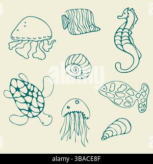 Set de ligne de doodle Sea World Life. Graphique enfant dessiné à la main, contour pinceau à encre contour éléments isolés. Conception de style d'esquisse de dessin animé, contour mignon Illustration de Vecteur