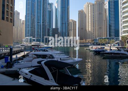 Une vue panoramique sur une marina remplie de bateaux de luxe, entourée de hauts gratte-ciel reflétant dans l'eau calme. L'architecture met en valeur l'urb moderne Banque D'Images