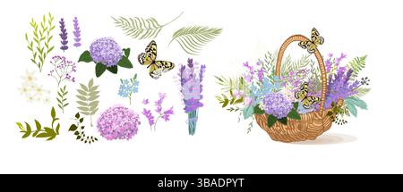 Panier avec fleurs. Ensemble de fleurs. dessiné à la main. Pas ai, illustration vectorielle Illustration de Vecteur