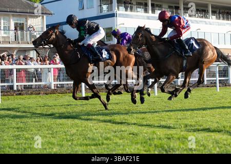 Windsor, Berkshire, Royaume-Uni. 12 mai 2025. Horse TRALEE GIRL montée par le jockey Oisin Murphy remporte le Royal Windsor Horse Show Fillies’ handicap Stakes, classe 5 au Royal Windsor Racecourse à Windsor, Berkshire, au Monday Night Mediterranean Racenight. Propriétaire M. Dermot Hanafin, entraîneur Michael Bell, Newmarket, éleveur Dermot Hanafin, commanditaire Ornella Underwriting Limited. Crédit : Maureen McLean/Alamy Live News Banque D'Images